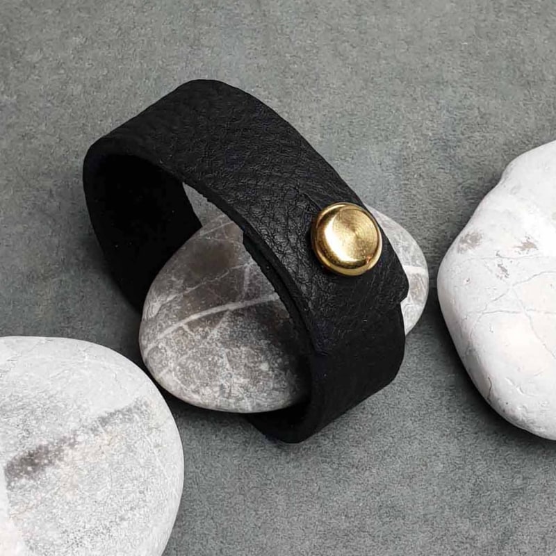 Thumbnail of Mens Black Leather Bracelet With Large Brass Button image