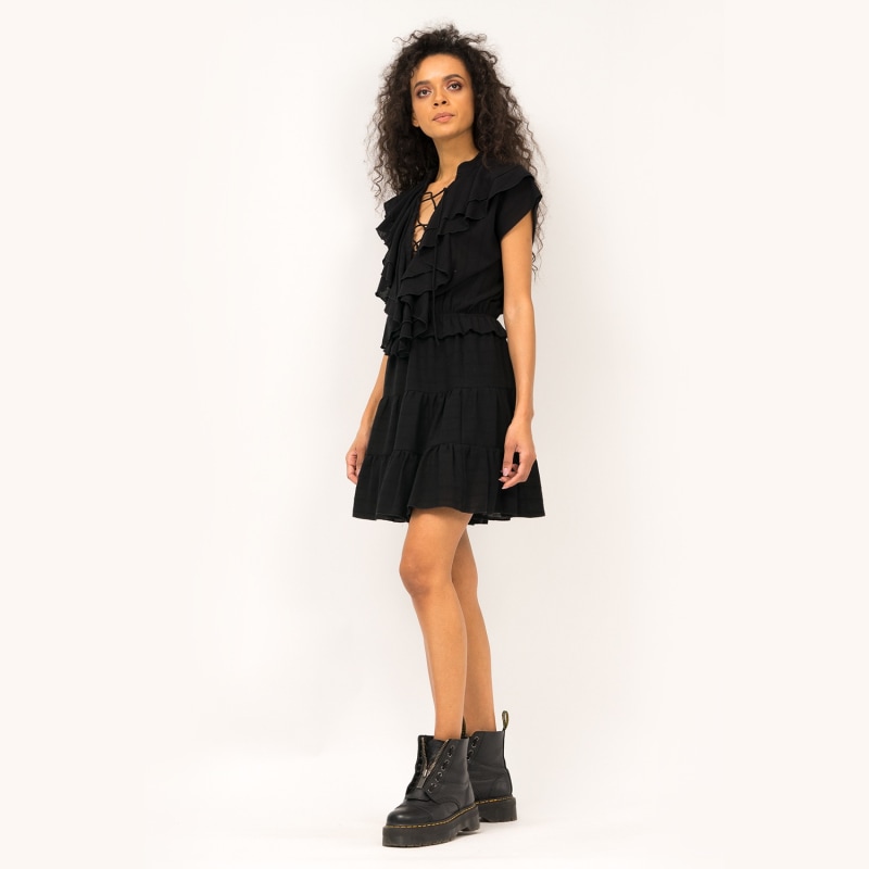 Thumbnail of Black Mini Dress With Ruffles & String Neckline image