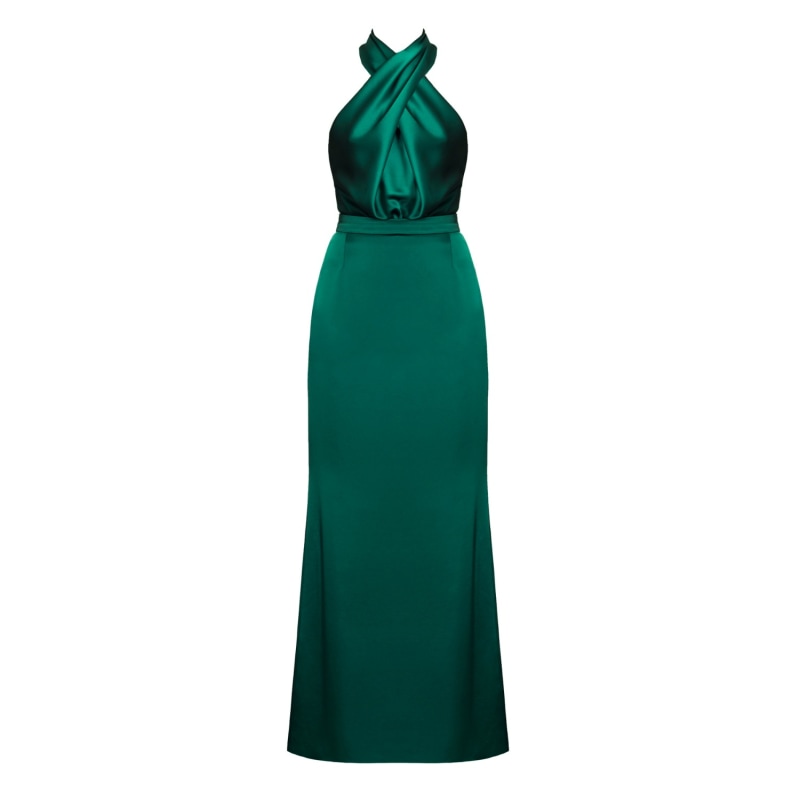 Thumbnail of Aliur Green Satin Halter Neck Long Evening Dress image