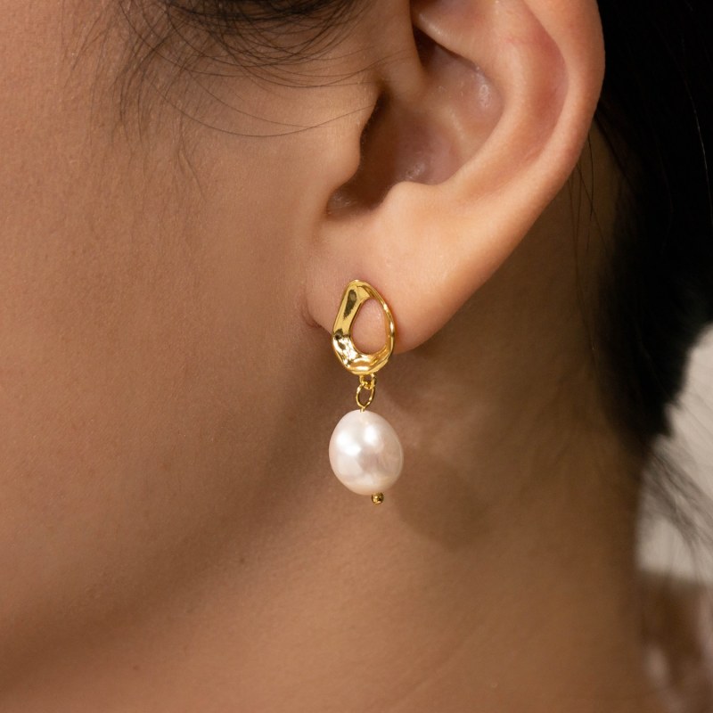 Thumbnail of Ripples Baroque White Pearl Gold Earrings image