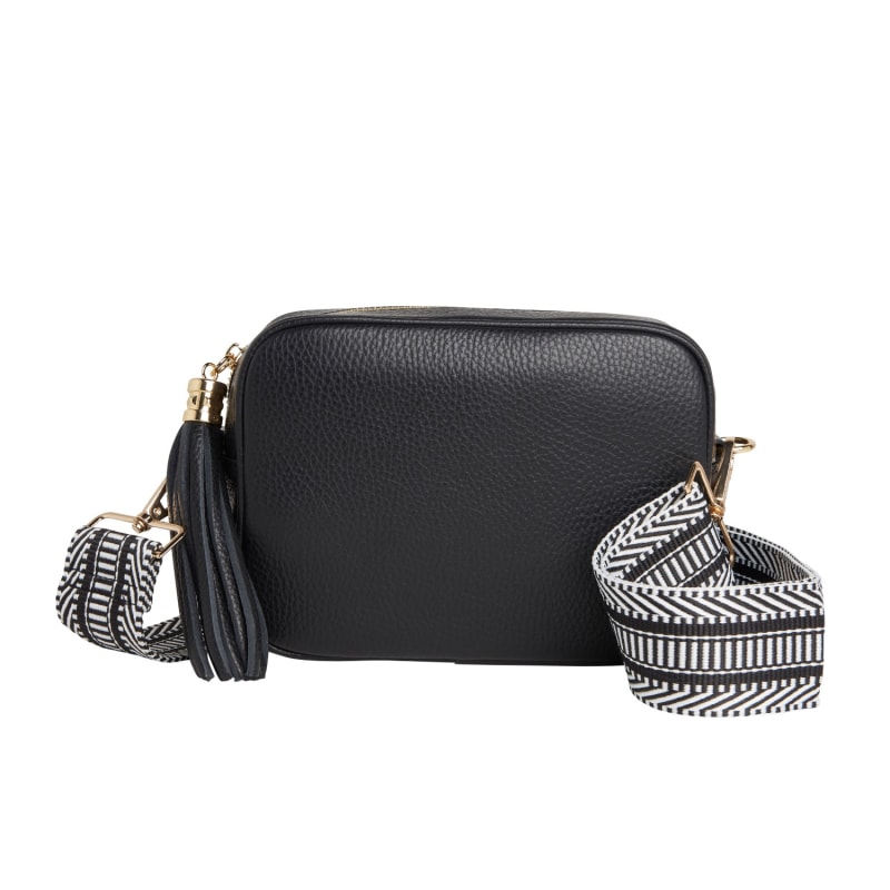 Verona Crossbody Tassel Black Bag With Black White Chevron Strap