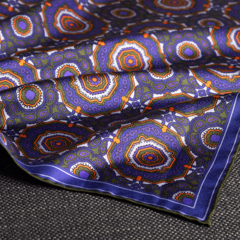 Thumbnail of 'Whirligig' Medallion Silk Pocket Square In Blue, Orange & Green. Full-Size. image