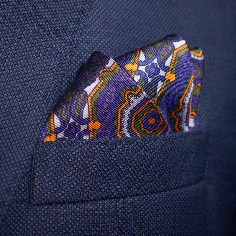 Thumbnail of 'Whirligig' Medallion Silk Pocket Square In Blue, Orange & Green. Full-Size. image