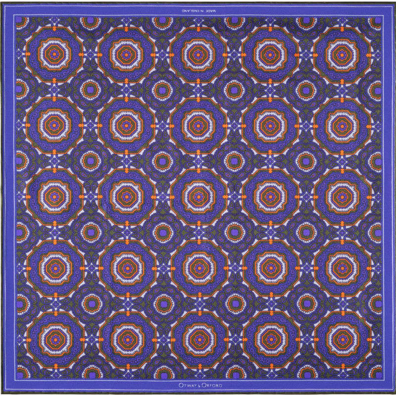 Thumbnail of 'Whirligig' Medallion Silk Pocket Square In Blue, Orange & Green. Full-Size. image