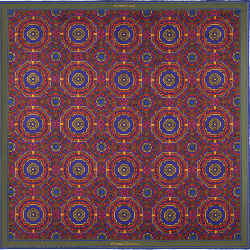 Thumbnail of 'Whirligig' Medallion Silk Pocket Square In Red, Green, Blue & Gold. Full-Size. image