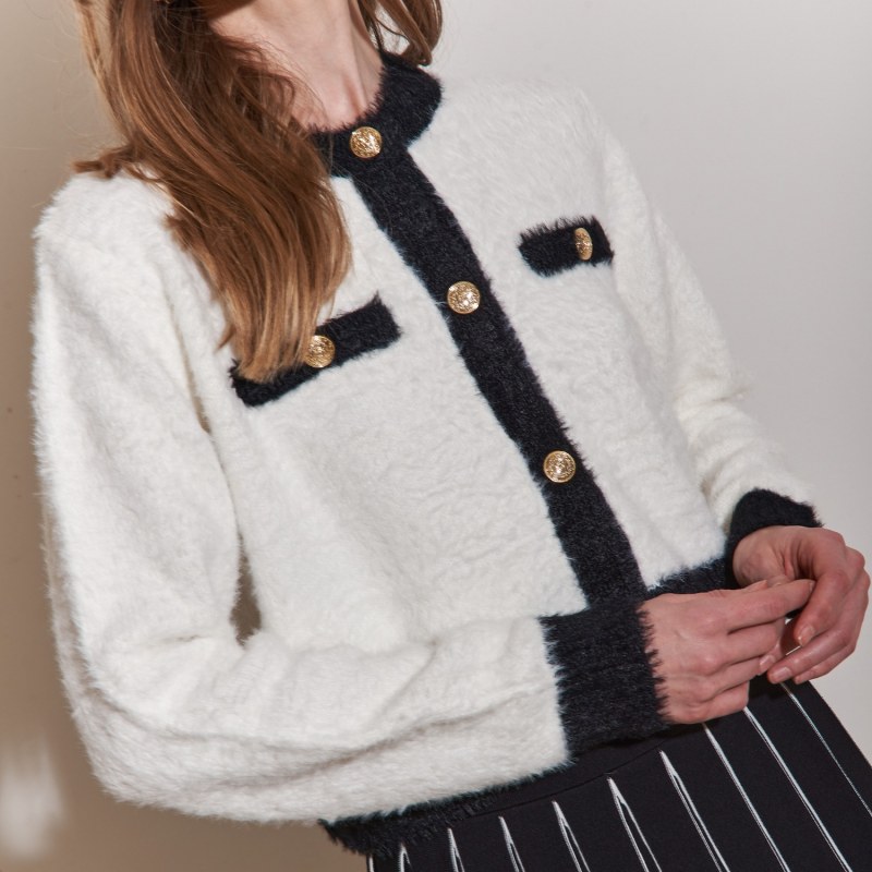 White And Black Fluffy Cardigan | Roch Perel | Wolf & Badger