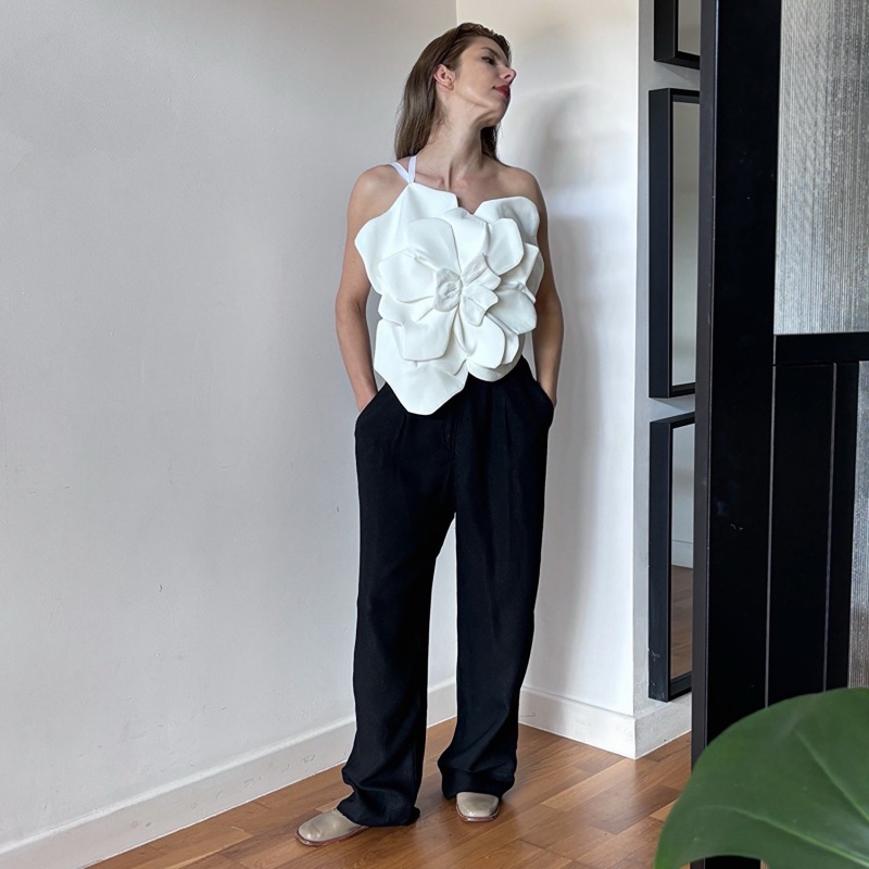 ZW COLLECTION FLORAL CROP TOP WHITE STRAIGHT NECK NEW SS24