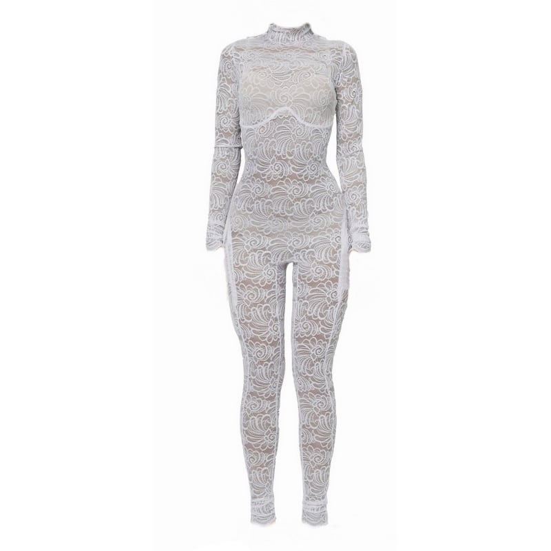 White Floral Lace Sheer Long Sleeve Turtleneck Full Bodysuit White Floral Lace Sheer Long Sleeve Turtleneck Full Bodysuit