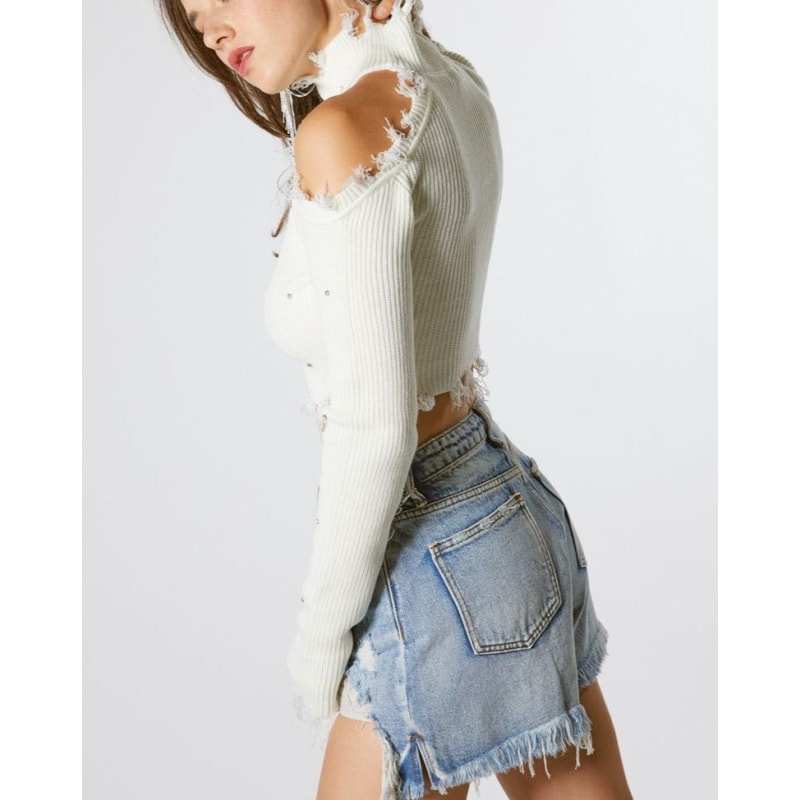 Thumbnail of White Open Shoulder Cropped Sweater With Stones image