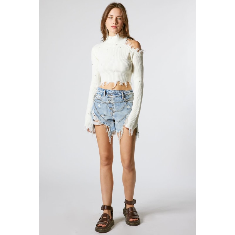 Thumbnail of White Open Shoulder Cropped Sweater With Stones image