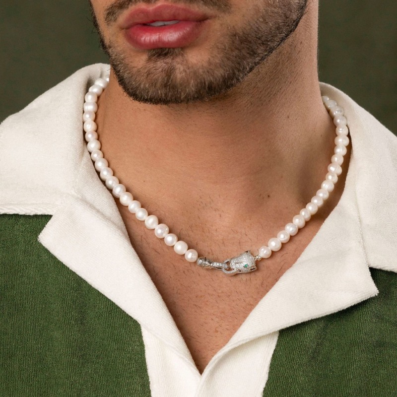White Pearl Necklace With Silver Panther Head Lock | Nialaya White Pearl Necklace With Silver Panther Head Lock | Nialaya
