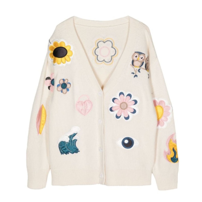 White Playful Patchwork Cardigan Cynthia Rowley Wolf Badger