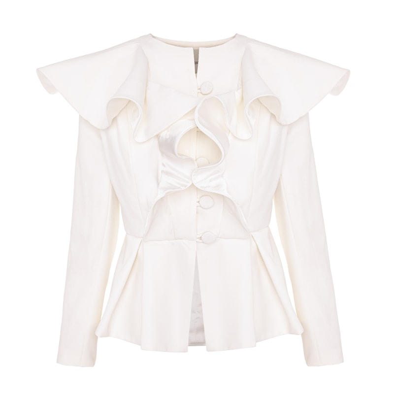 White Ruffle Jacket With Long Sleeve by Monarh