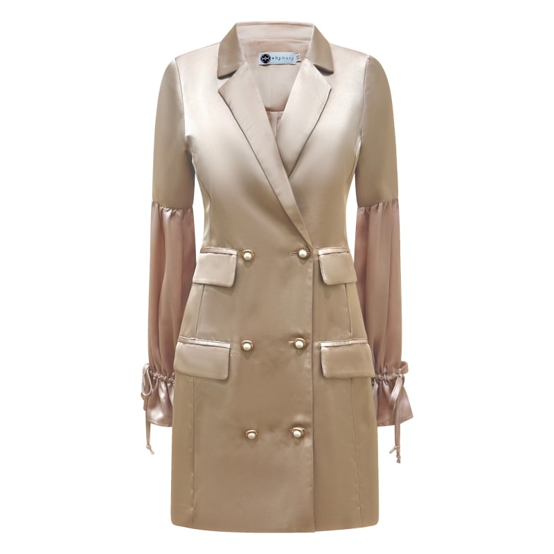 Thumbnail of Double Breasted Coat Dress In Nude Satin - Champagne Crush image