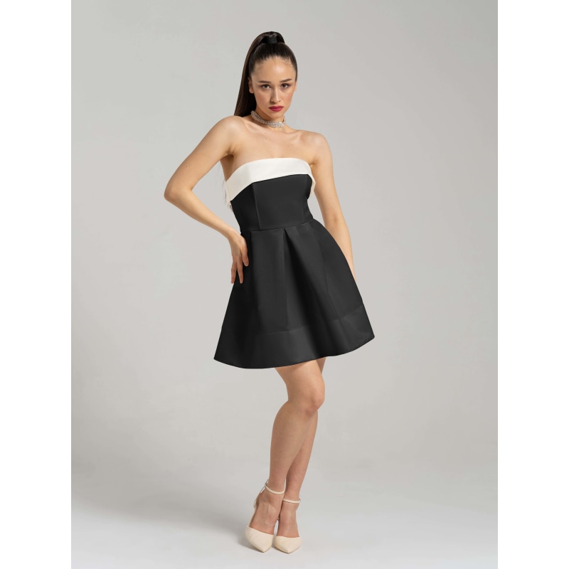 Thumbnail of Wild Flower Flared Satin Mini Dress, Black & White image