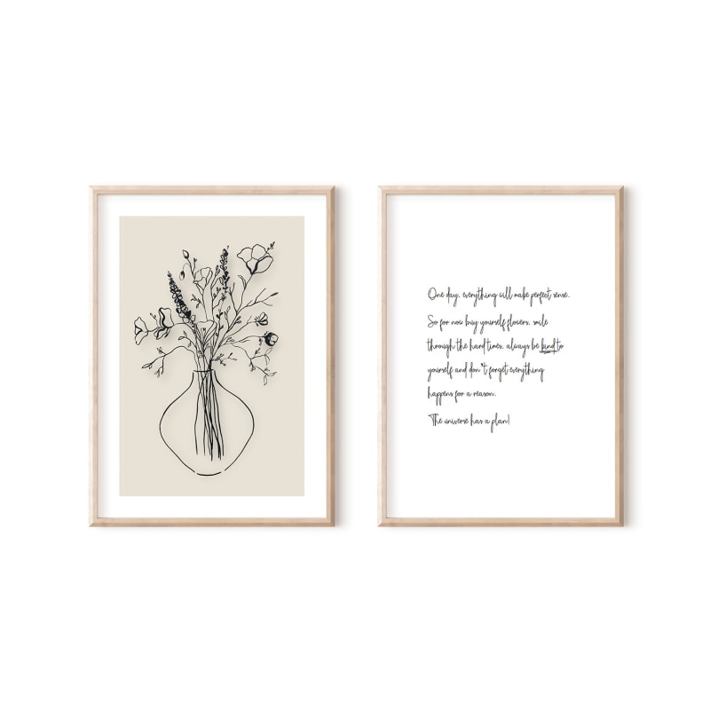 Thumbnail of Wild Flowers Ink Drawing With Nude Background And Handwritten The Universe Has A Plan - Print Pair image