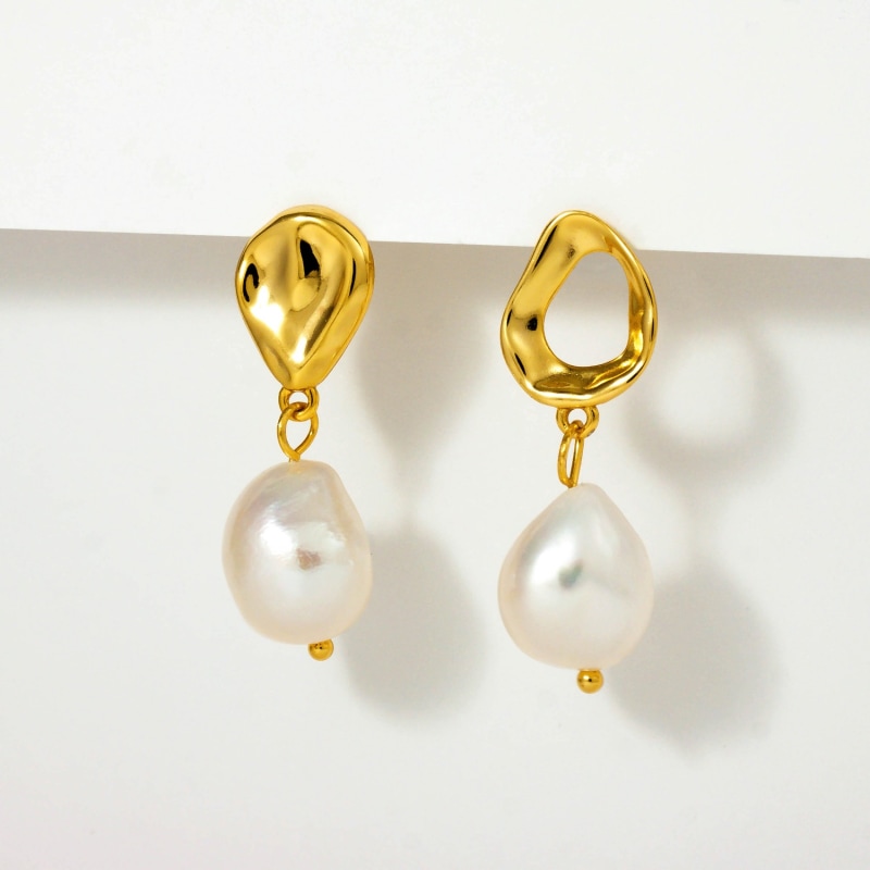 Thumbnail of Ripples Baroque White Pearl Gold Earrings image