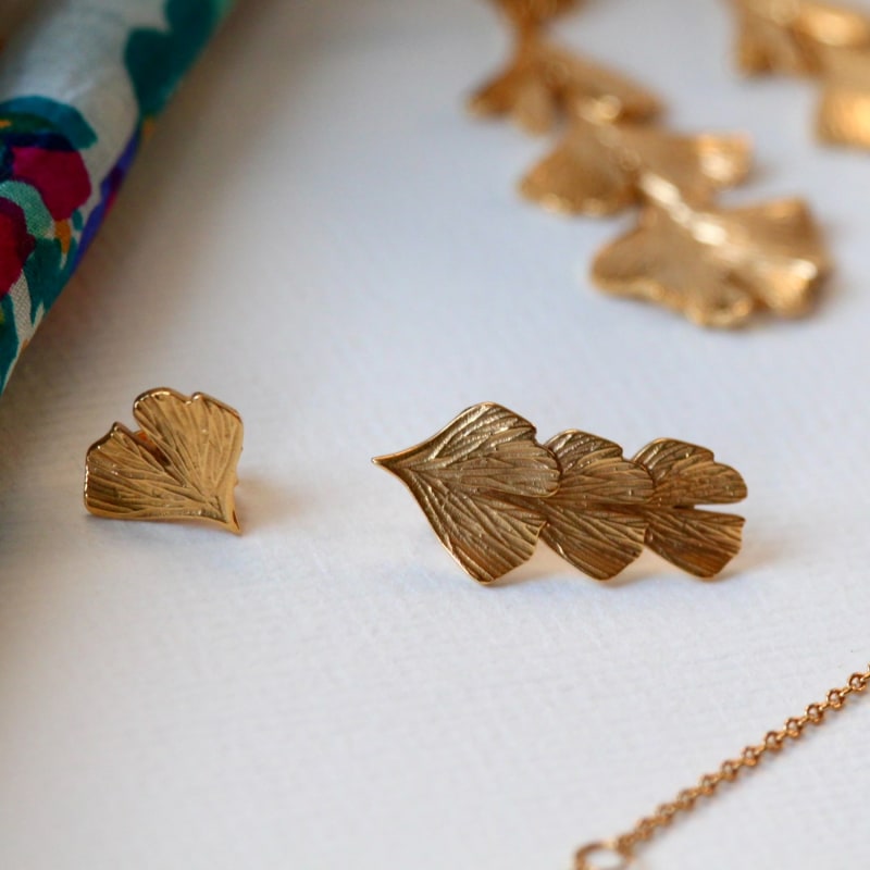 Thumbnail of 18K Gold Vermeil Ginkgo Leaf Earrings Stud & Ear Climber image