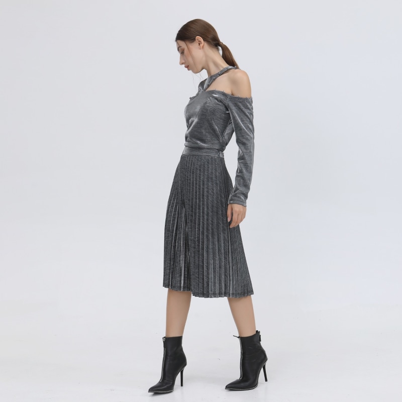 Knee Length Shiny Pleated Skirt | Smart and Joy | Wolf & Badger Knee Length Shiny Pleated Skirt | Smart and Joy | Wolf & Badger