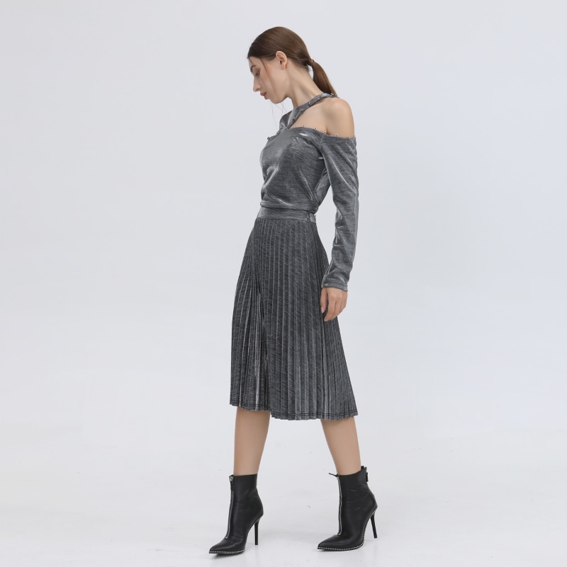 Thumbnail of Knee Length Shiny Pleated Skirt image