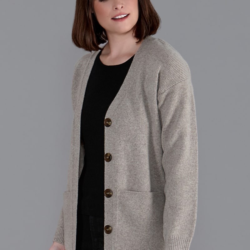 Womens Lambswool V Neck Ribbed Layla Cardigan With Pockets