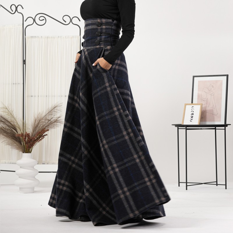 Wool Tartan Floor Length Skirt With Ultra High Waist In Wool Tartan Floor Length Skirt With Ultra High Waist In