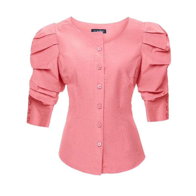 Thumbnail of Mauveglow Martina Cotton Ruched Sleeve And Asymmetrical Neckline Blouse image