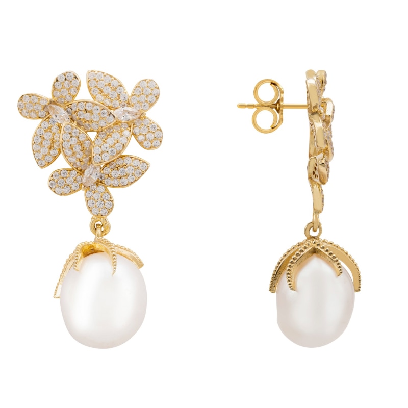 Thumbnail of Flowers Baroque Pearl Earrings Gold White image