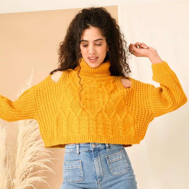 Mimi Cropped Cut Out Cable Jumper Mustard Cara The Sky Wolf Badger