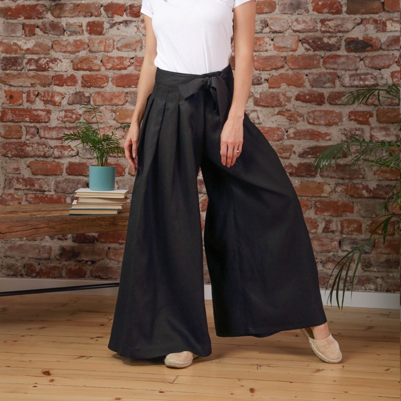 Wrap Around Wide Leg Linen Pants With Front Tie In Black Wrap Around Wide Leg Linen Pants With Front Tie In Black