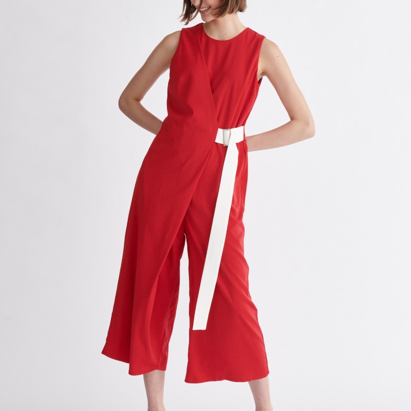 Red wrap jumpsuit deals