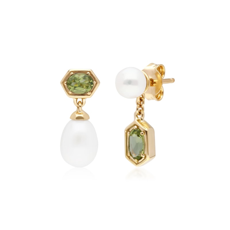 Thumbnail of Modern Pearl & Peridot Mismatched Drop Earrings In Yellow Gold Plated Sterling Silver image