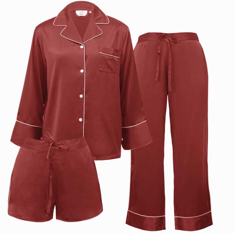 Women'S 3-Piece Classic Silk Pajamas Set - Red