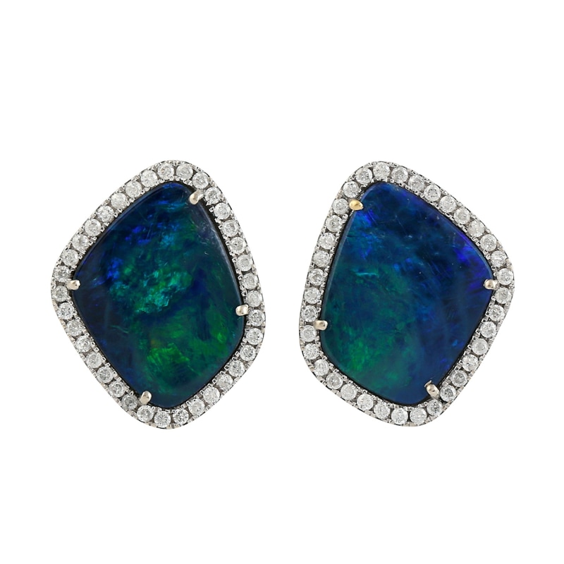 Thumbnail of 18K White Gold Stud Earrings In Natural Opal Doublet & Diamond Jewelry image