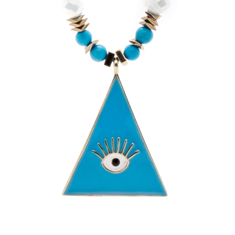 Thumbnail of Mystic Symbols & Blue Evil Eye Pendant White Beaded Necklace - Blue image