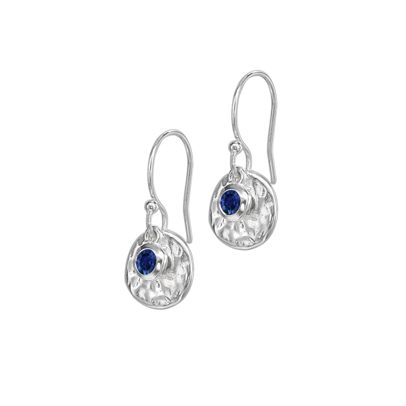 Thumbnail of Silver Hammered Disc & Blue Sapphire Drop Earrings image