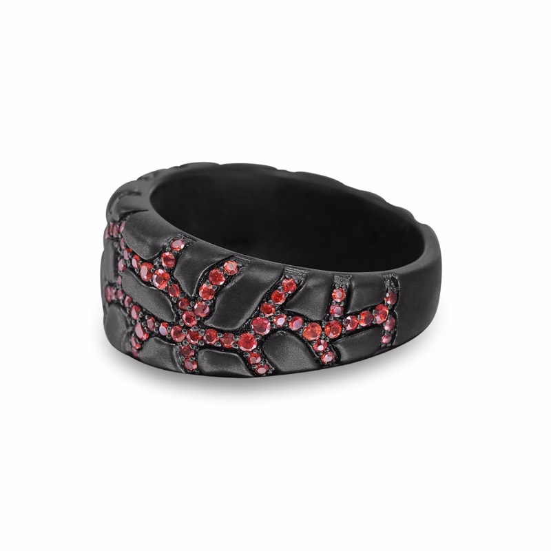 Thumbnail of Fiery Ascent Black Rhodium Plated Sterling Silver Textured Band Ring With Garnets image