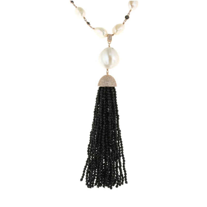 Thumbnail of Sterling Silver Pearl & Onyx Tassel Necklace in Rose Gold image