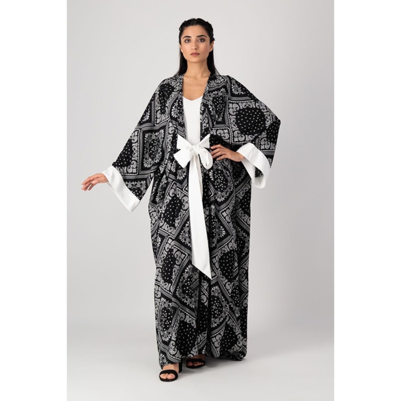 Thumbnail of Classic Abaya Cut With Belt In Printed Black Paisley Rayon image