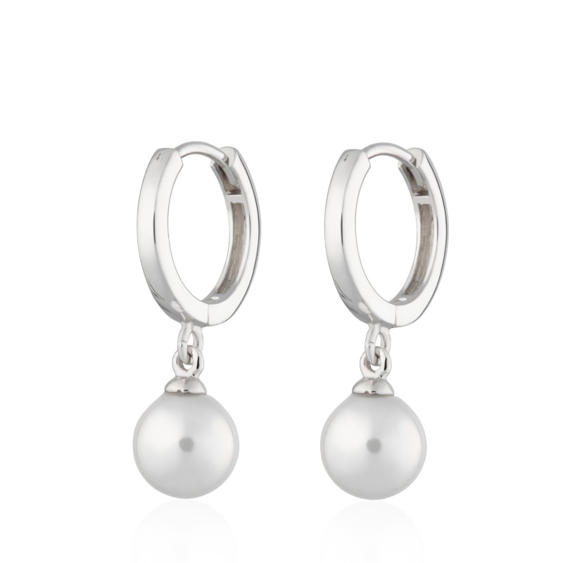 Thumbnail of Silver Modern Pearl Huggie Hoop Earrings image