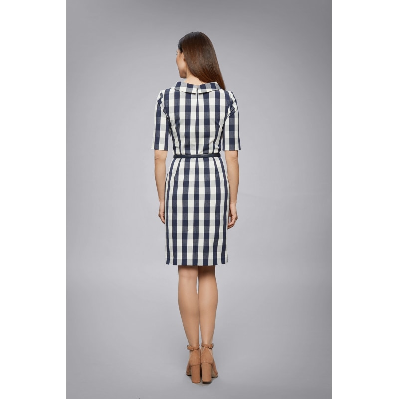 Thumbnail of Juliette Navy Stretch Cotton Gingham Dress with Raised Collar image