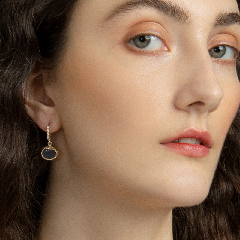 Thumbnail of Ad Astra Gold-Plated Onyx Mini Hoop Earrings image