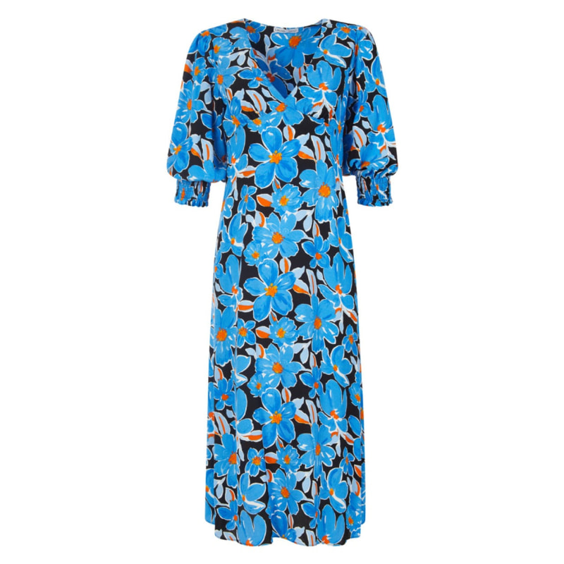 The Julia Short Sleeve V Neck Midi Dress In Blue Floral | Lavaand ...