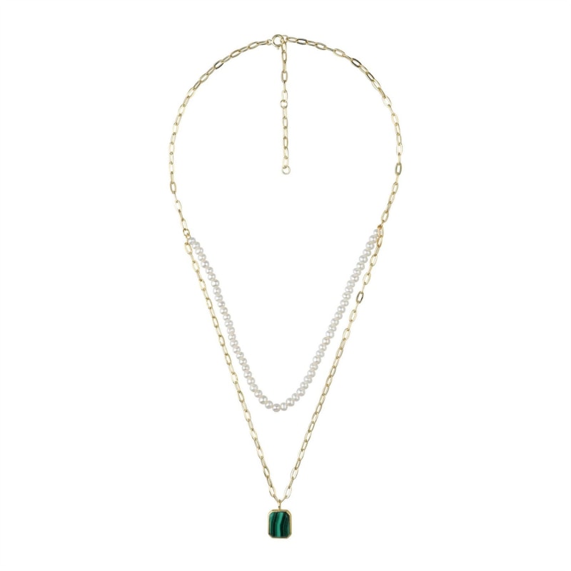 Thumbnail of Ecfew Gold Plated Sterling Silver Malachite & Pearl Layered Necklace image