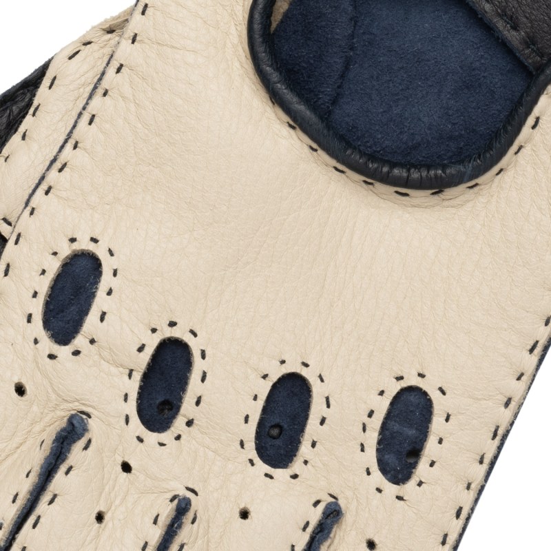 Thumbnail of Rome Spring -  Men's Deerskin Fingerless Driving Gloves Creme & Blue image