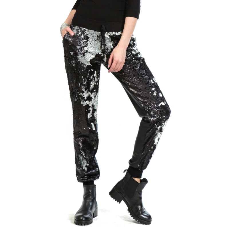 Thumbnail of Double-Sided Sequined Black Faux Leather Track Pants image