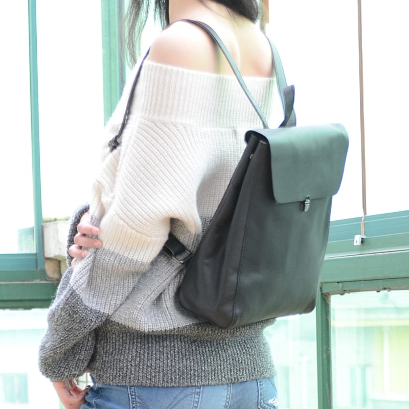 Handmade Genuine Leather Minimalist Backpack Black Touri Wolf Badger