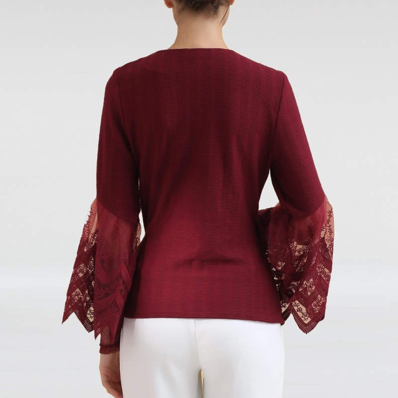 Thumbnail of Lace Edges Knitted Wrap-Over Top -Red image