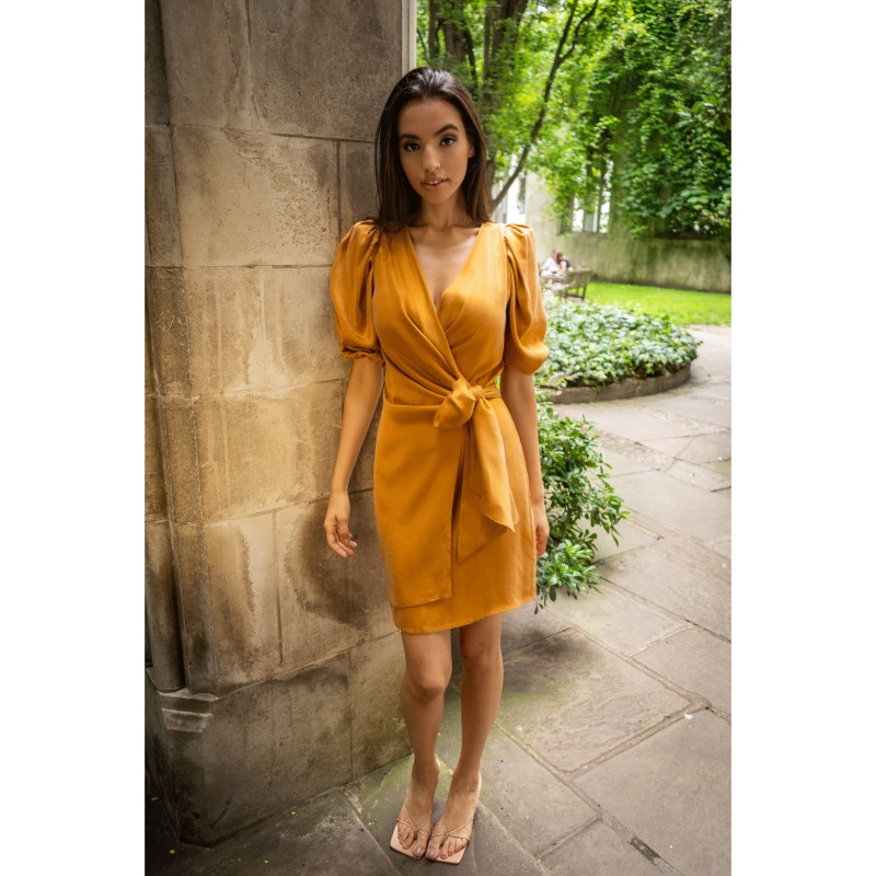 Thumbnail of Draped Vegan-Cupro Wrap Dress - Yellow & Orange image