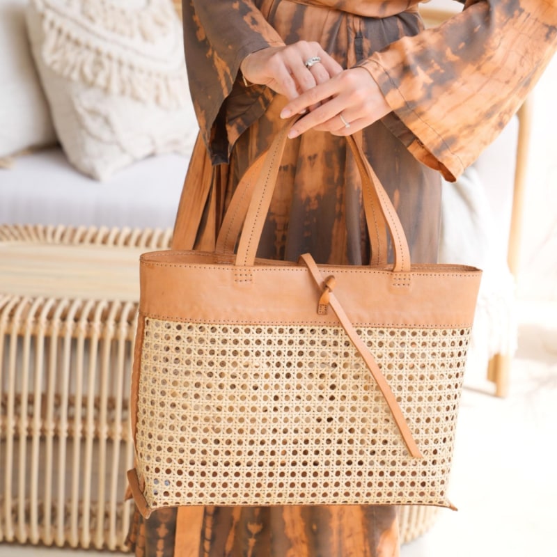 Thumbnail of Madison Cane Webbing Leather Tote In Camel image